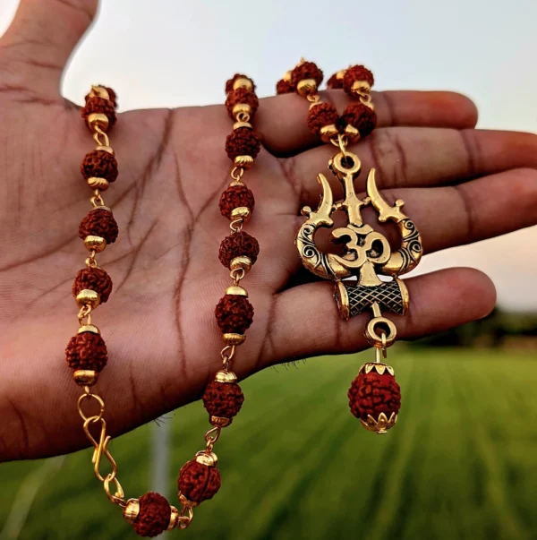 Gold Plated Rudraksha Trishool Necklace - Image 2