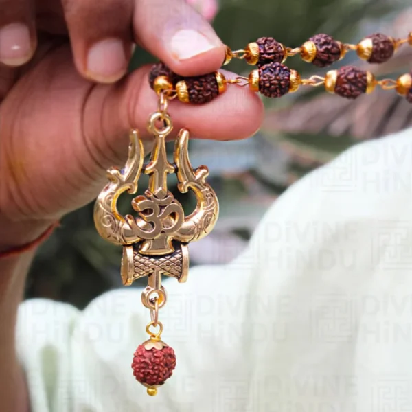 Gold Plated Rudraksha Trishool Necklace - Image 3